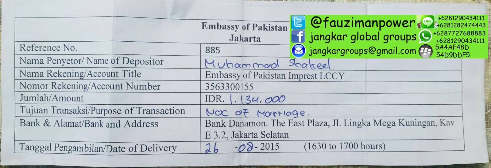 biaya noc di embassy Pakistan