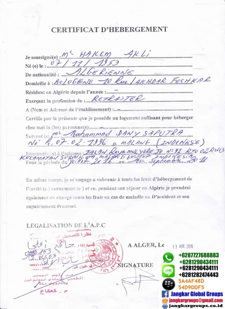 certificate d hebergement, PERSYARATAN VISA ALGERIA