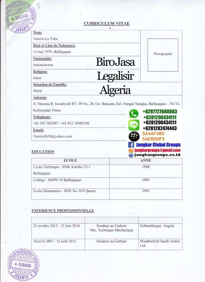 Jasa Legalisir translate CV Resume Di Kedutaan Algeria Jakarta