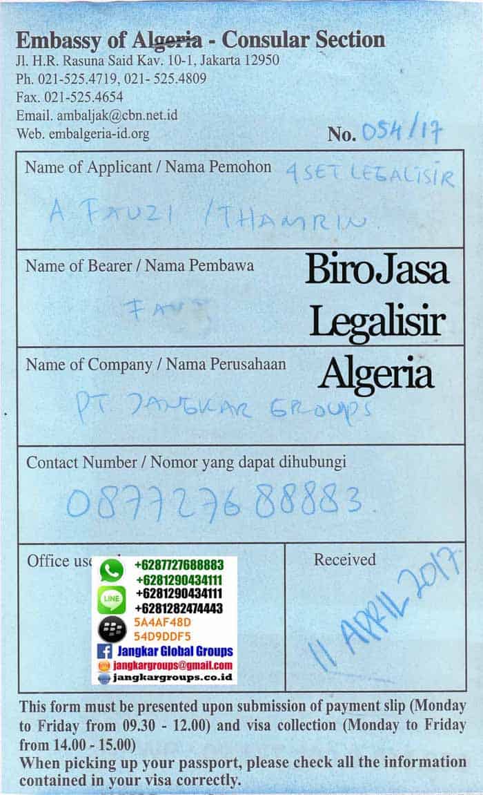 Contoh Contoh Jasa Legalisir tanda terima dokumen Di Kedutaan Algeria Jakarta