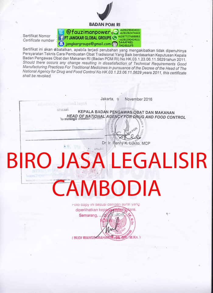 legalisir sertifikat bpom embassy cambodia