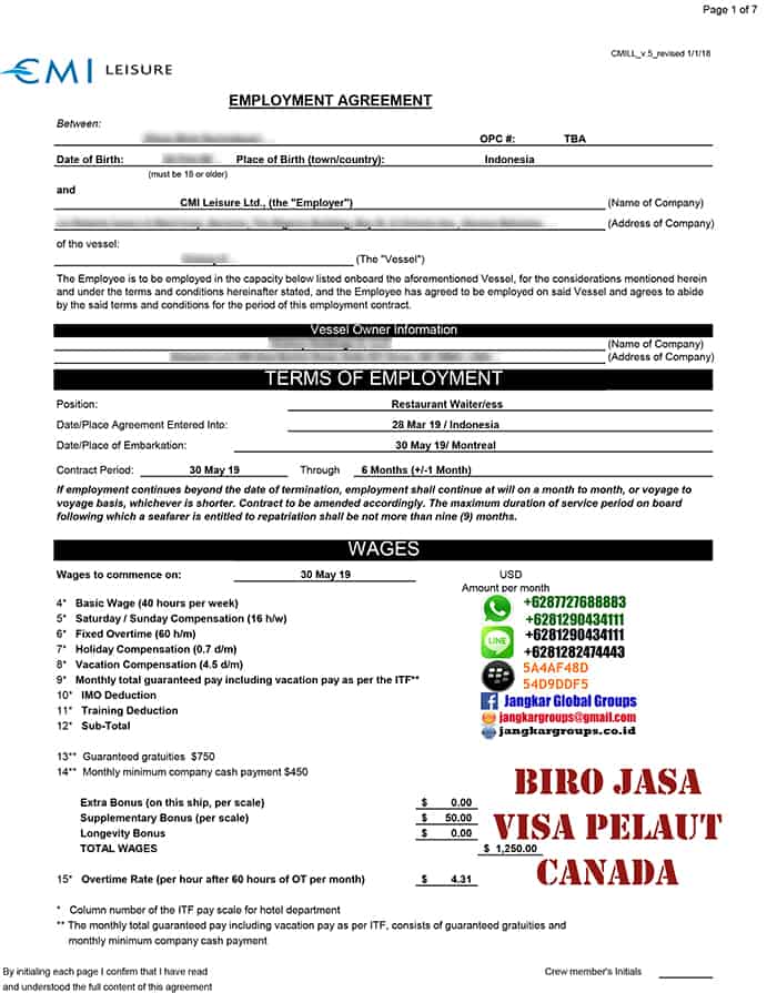 employment contract canada visa kerja pelaut canada