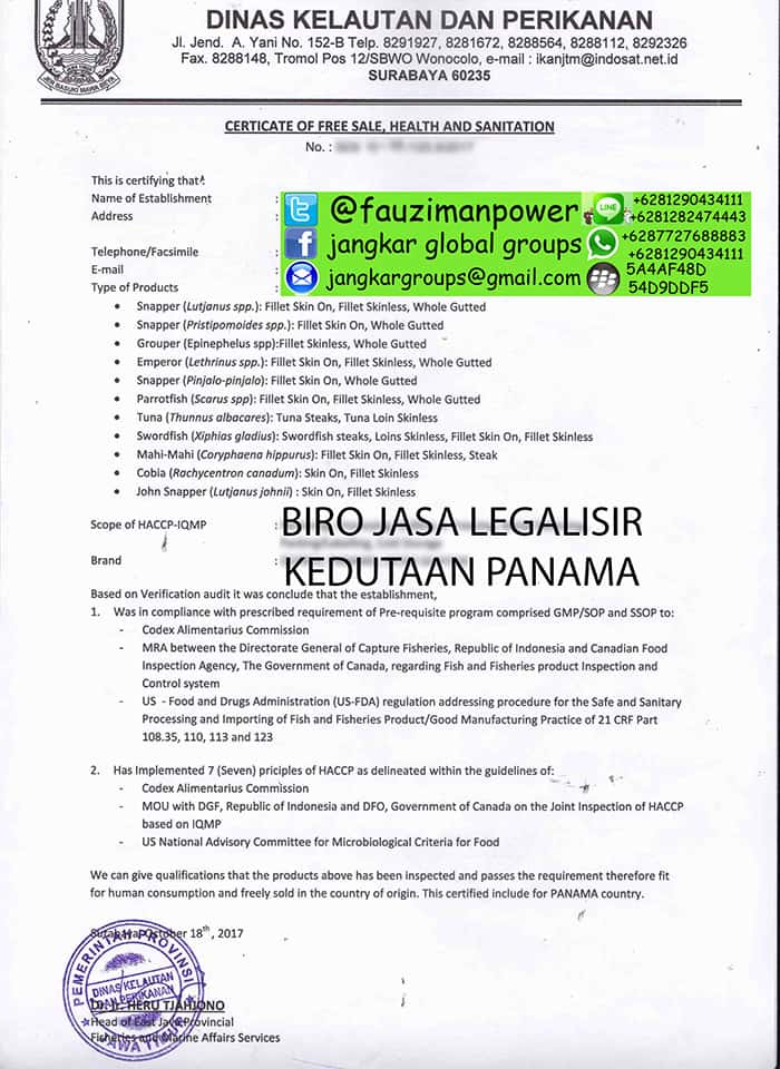 contoh certificate of free sale health and sanitation panama