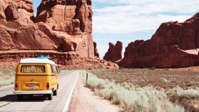 Yellow van on road