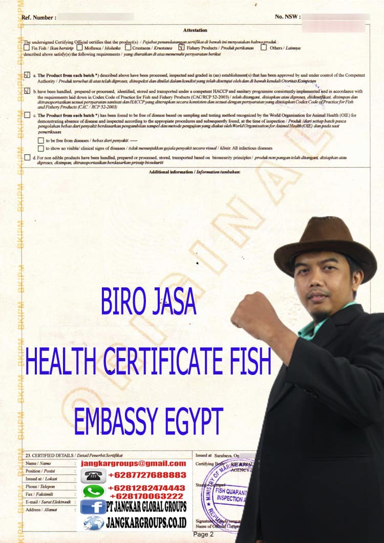 BIRO JASA HEALTH CERTIFICATE FISH EMBASSY EGYPT