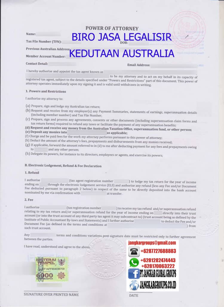 BIRO JASA LEGALISIR POWER OF ATTORNEY KEDUTAAN AUSTRALIA