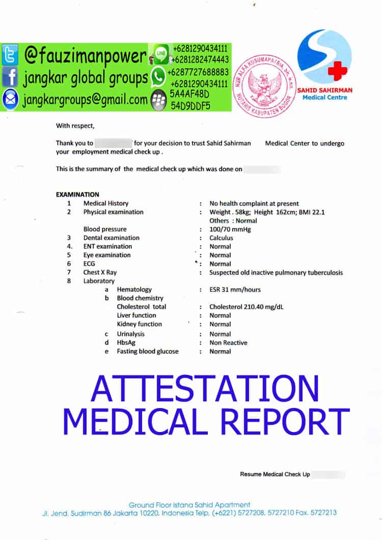 Attestation Medical Report Legalisir Medical Check-up Kedutaan
